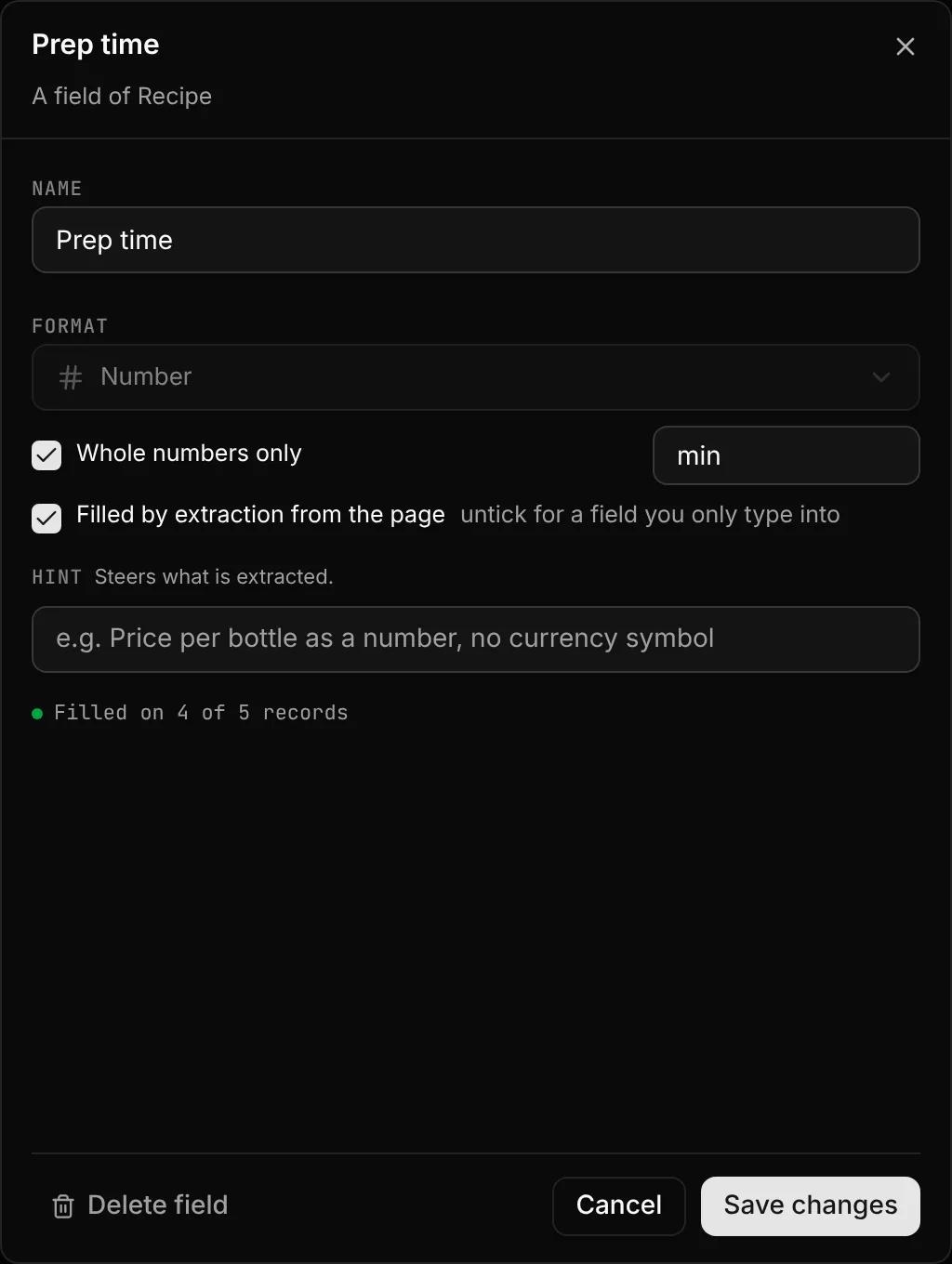 The field settings for Prep time: Number format, whole numbers, the min unit, extraction and the hint