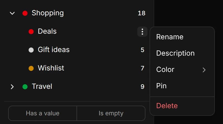 The More menu of the Deals option in the sidebar: Rename, Description, Color, Pin and Delete
