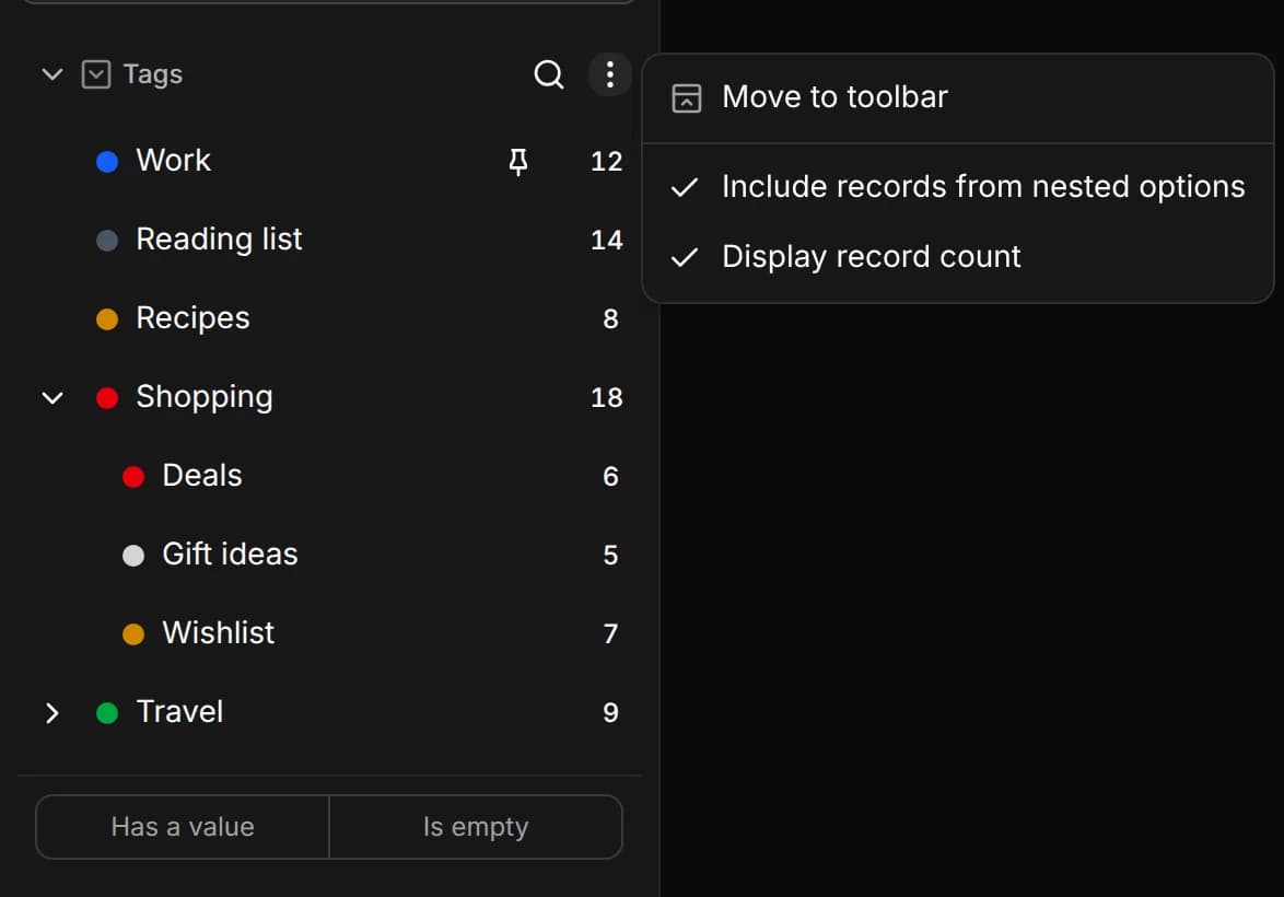 The Tags field in the sidebar with Work pinned, Shopping unfolded to show its nested options, and the field's menu: Move to toolbar, Include records from nested options and Display record count