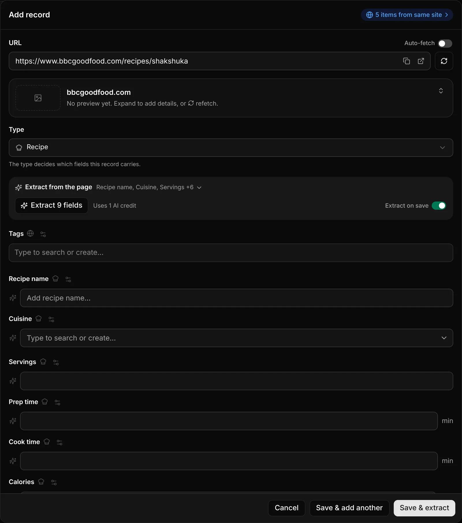The Add record form with the Recipe type selected and its fields below