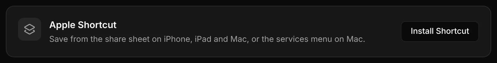 The Apple Shortcut card in Settings › Integrations, with the Install Shortcut button