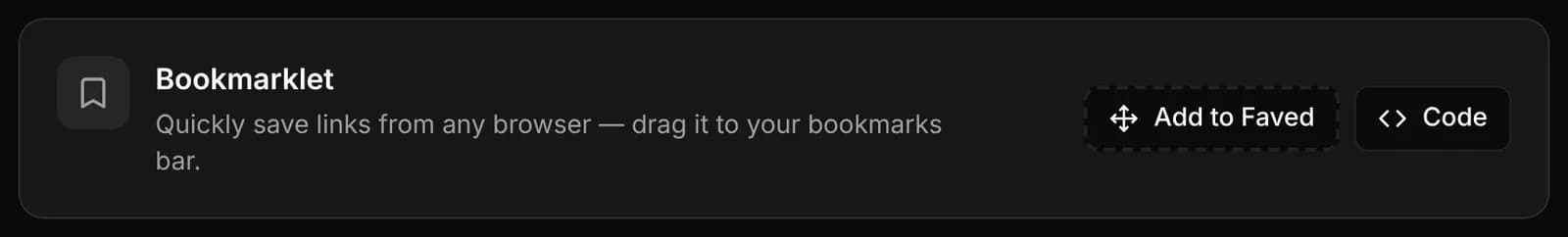 The Bookmarklet card in Settings › Integrations, with the Add to Faved button and Code