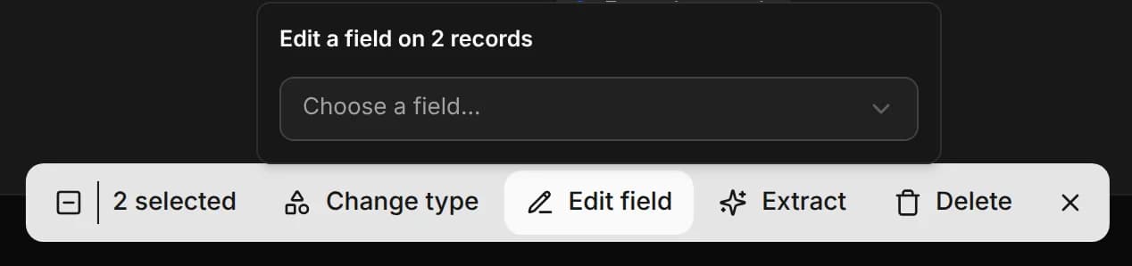 The bulk bar with two records selected and the Edit field picker open
