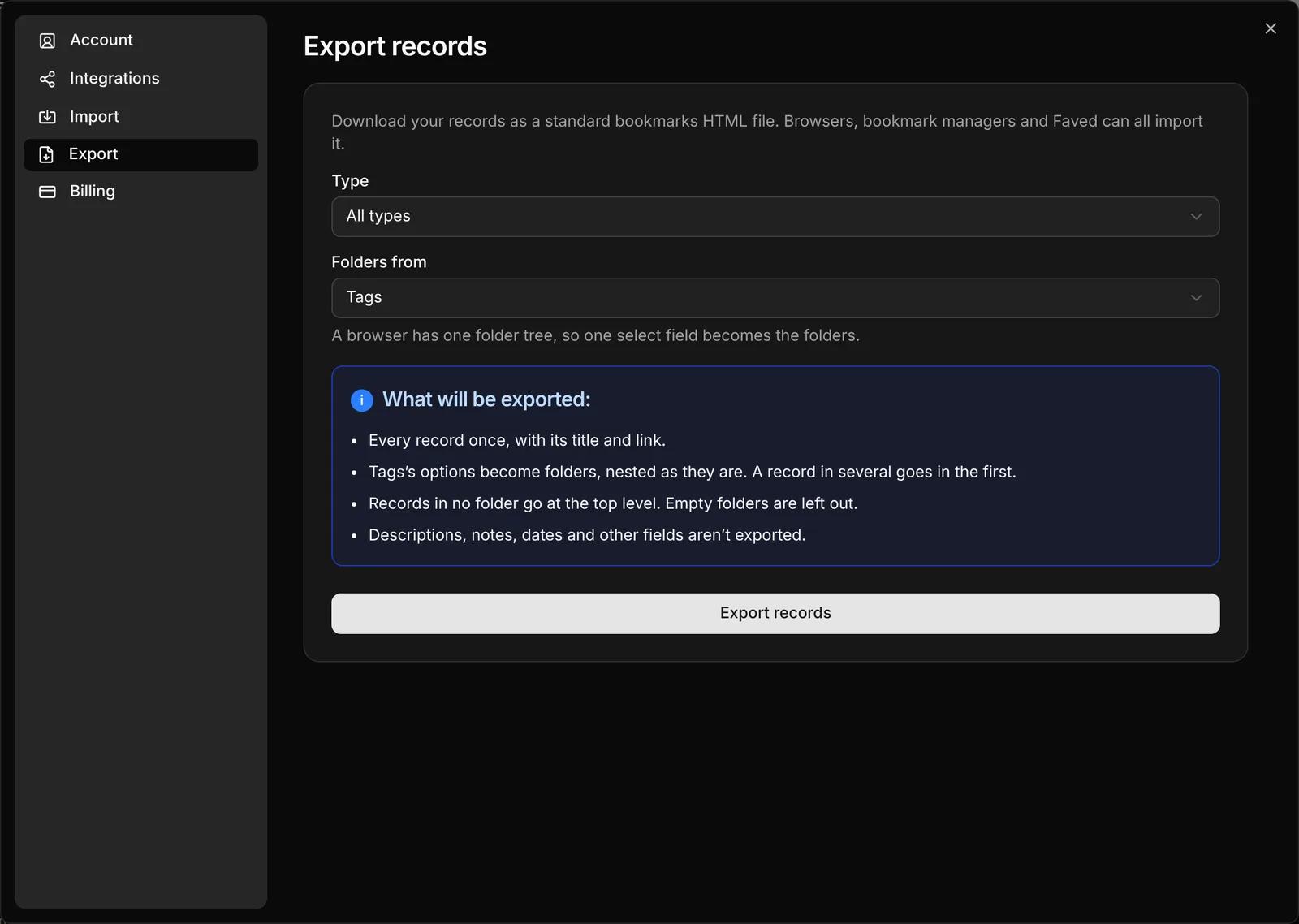 Settings › Export with Type and Folders from
