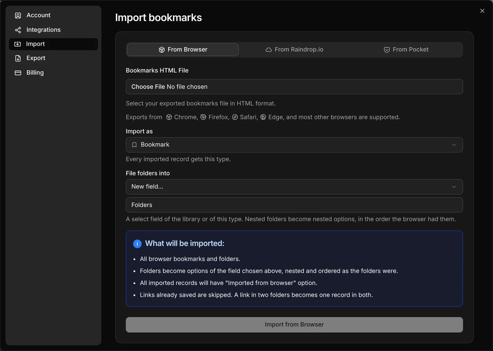 Settings › Import with the From Browser tab, Import as and File folders into