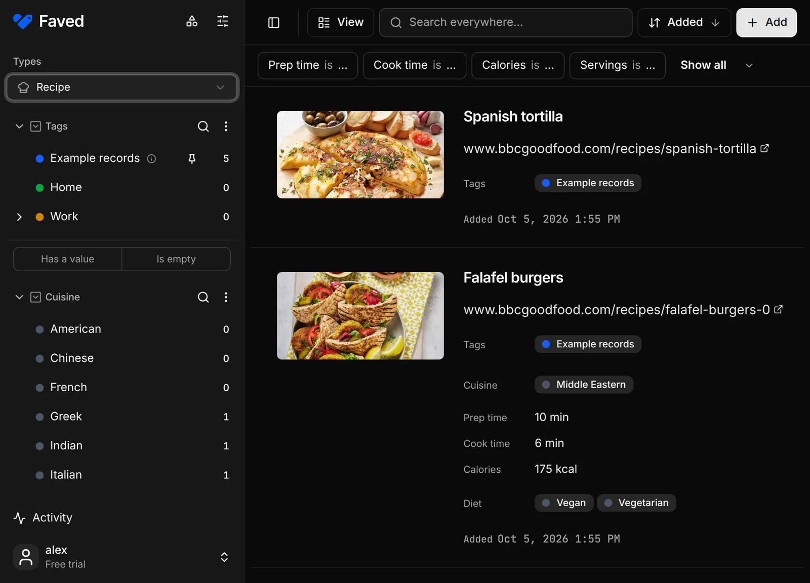The Faved Cloud library showing Recipe records with their fields, and the Cuisine options in the sidebar