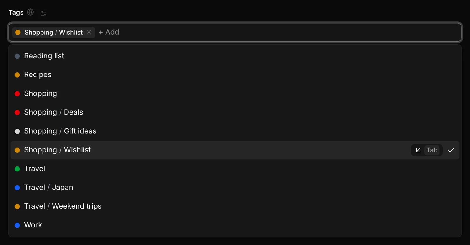 A record's Tags field open, listing every option with nested ones shown as Shopping / Deals, and Shopping / Wishlist ticked