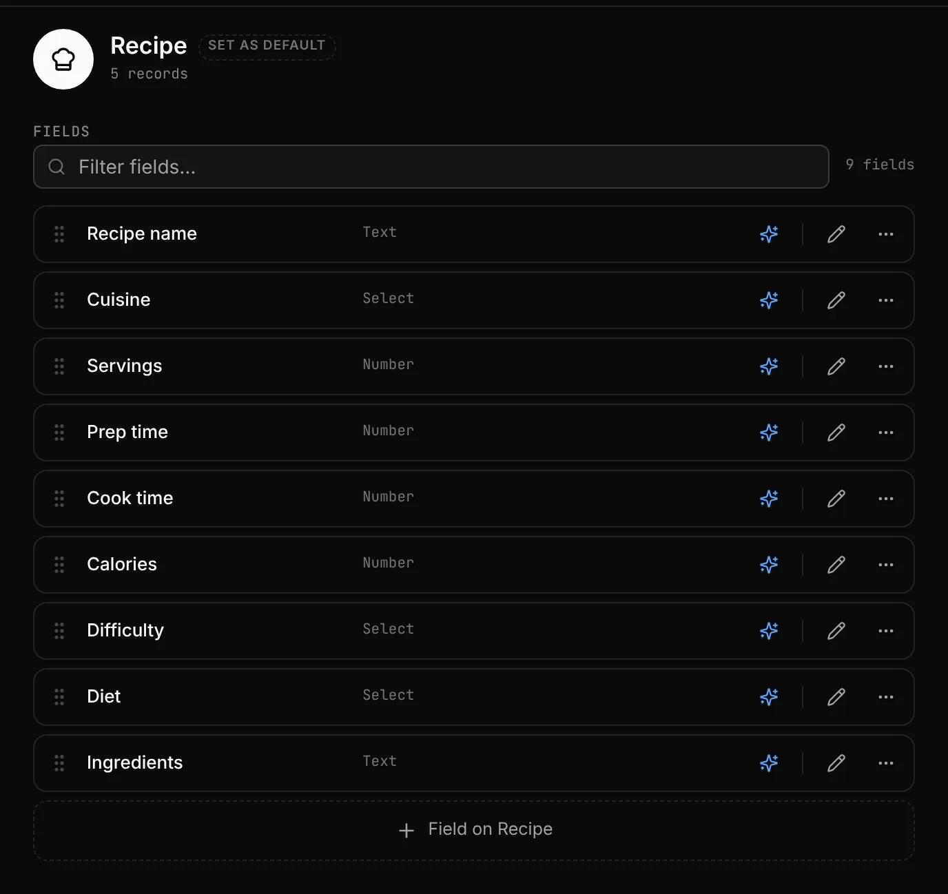 The Recipe type's page listing its fields, with the Field on Recipe button