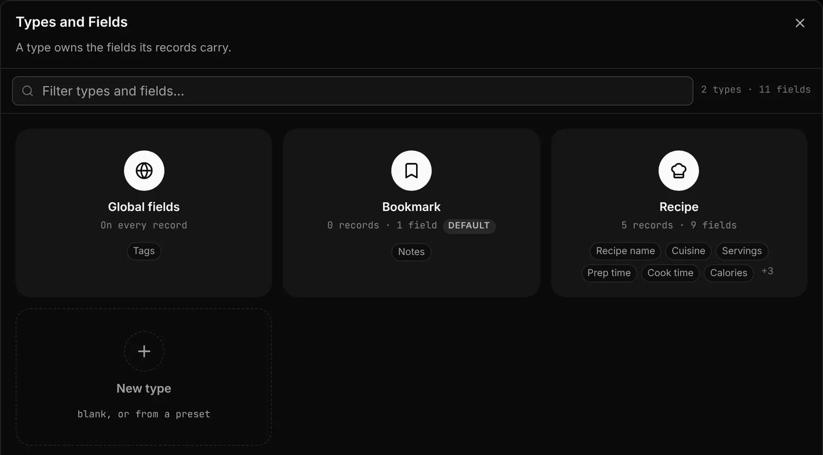 The Types and Fields dialog with the Global fields card, a card for each type and the New type card