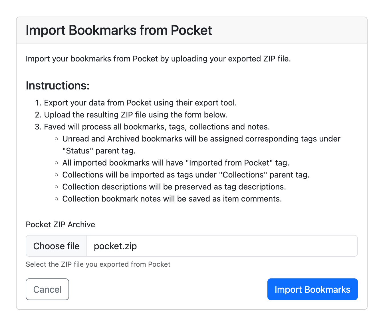 Import from Pocket screen