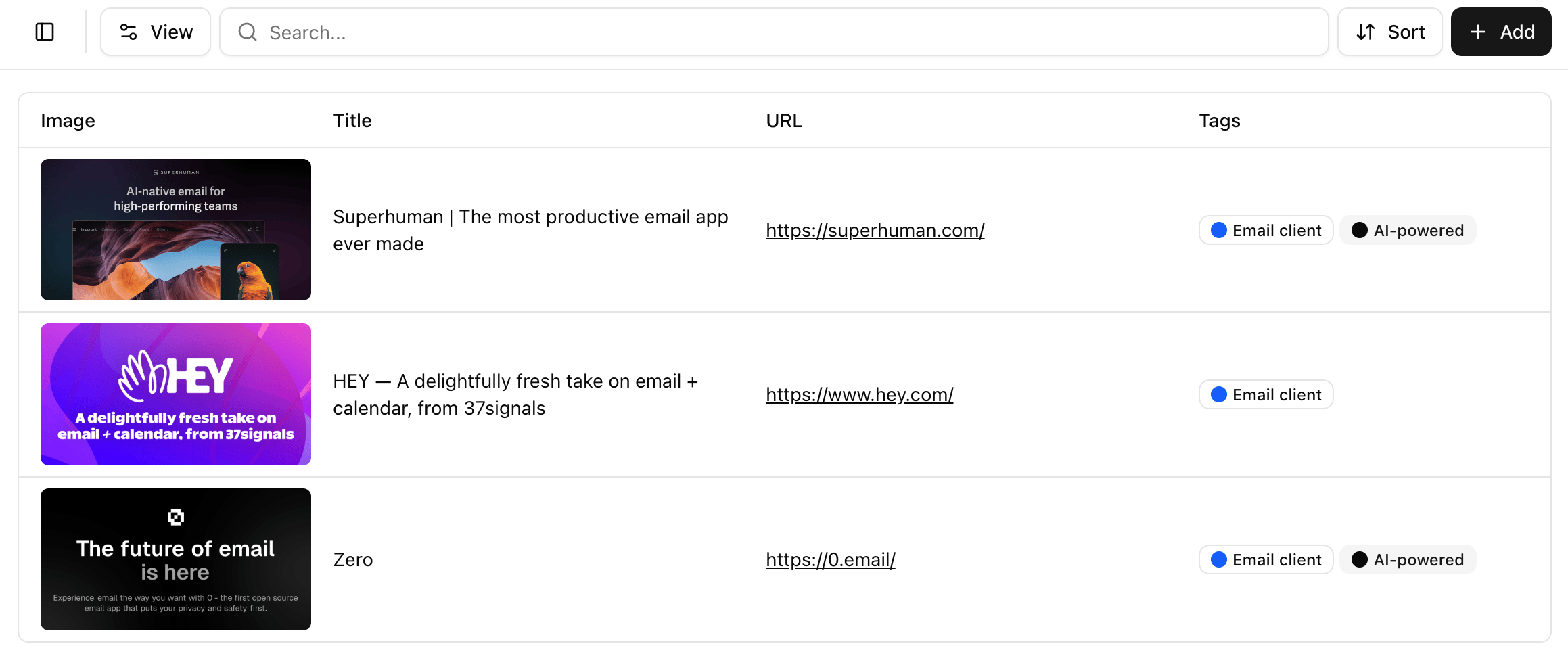 Table layout screenshot