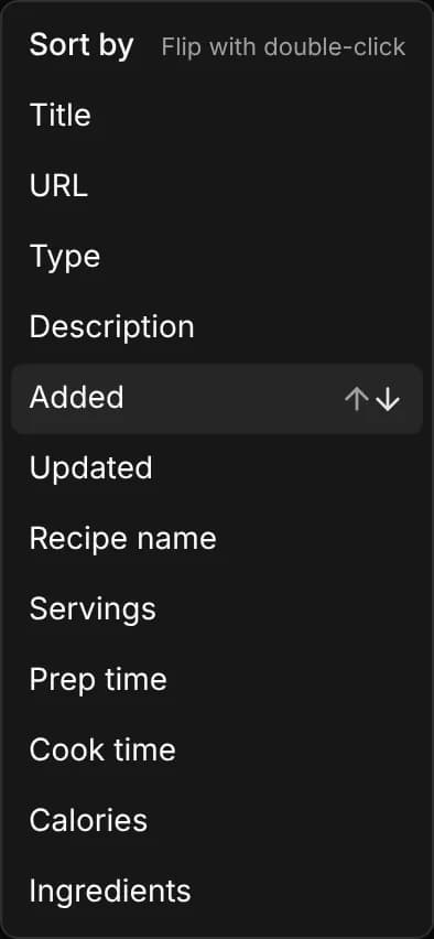 The Sort by menu, listing the built-in fields and the Recipe type's fields