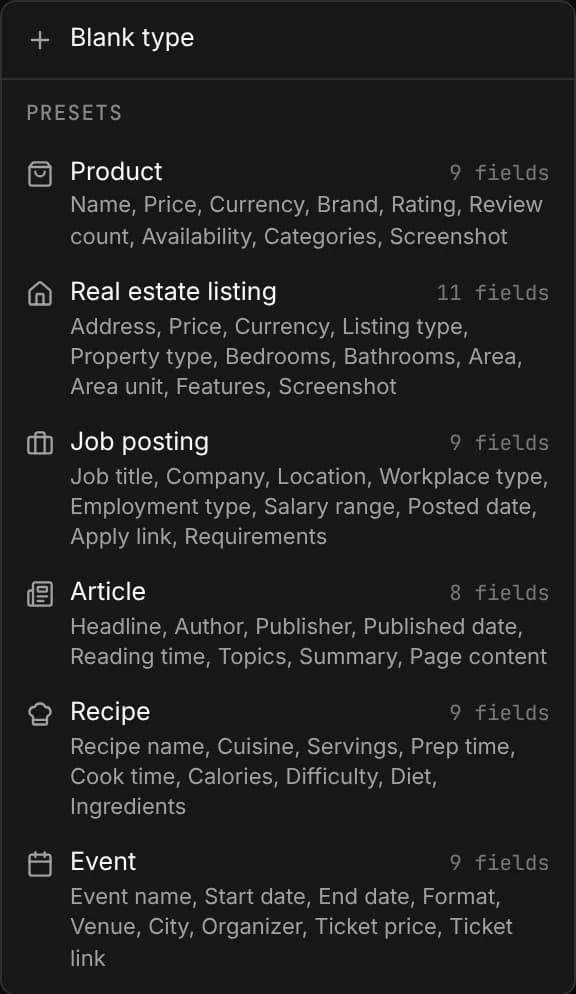 The New type menu with Blank type and the presets
