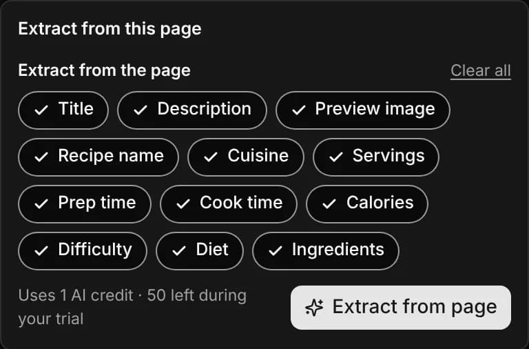 The Extract popover for a record, with the fields to fill and the AI credit it uses